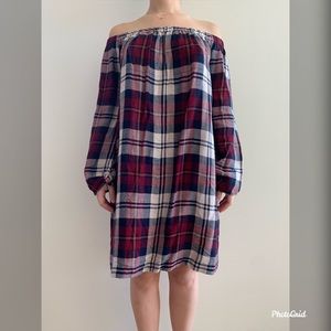 Anthropologie Off the Shoulder Plaid Dress